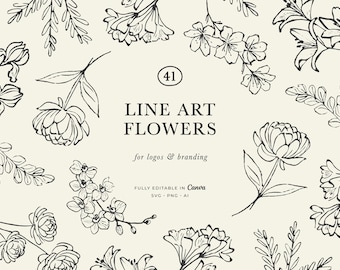 Hand-Drawn Flower Line Art Illustrations: Florist Clipart (PNG, SVG, Vector)