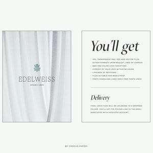 May include: A white background with the text "EDELWEISS ORGANIC LINEN" and a small graphic of a flower. The text "You'll get" is listed with a description of the digital files included in the purchase. The text "Delivery" is listed with a description of how the files will be delivered.