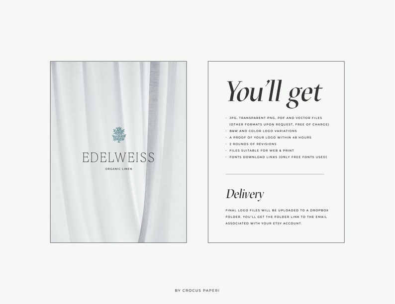 May include: A white background with the text "EDELWEISS ORGANIC LINEN" and a small graphic of a flower. The text "You'll get" is listed with a description of the digital files included in the purchase. The text "Delivery" is listed with a description of how the files will be delivered.