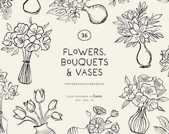Hand-Drawn Bouquet Line Art Illustrations: Wedding Florals (PNG, SVG, Vector)