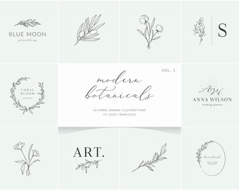 BOTANICAL logos & illustrations Vol. 1 | Line Art Leaves, Branches, Flowers, Logo Templates
