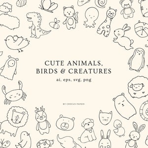 Puede incluir: Un conjunto de ilustraciones en blanco y negro de animales, pájaros y criaturas lindas. El conjunto incluye una variedad de animales, incluyendo un gato, un perro, un pájaro, un pez, una tortuga, un conejo, un oso, un pingüino, una oveja, un león, una jirafa, un cangrejo, una mariposa, una abeille, un caracol, una mariquita, un monstruo, un dinosaurio, un hipopótamo, una serpiente, un pulpo y un elefante.