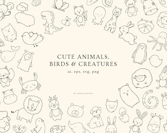 Baby Animals Line Art Clipart | SVG PNG Illustrations (Digital Download)