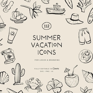 May include: A collection of black and white line drawings depicting summer vacation icons, such as a boat, sunglasses, and a cocktail. The text says "SUMMER VACATION ICONS" and "FOR LOGOS & BRANDING".