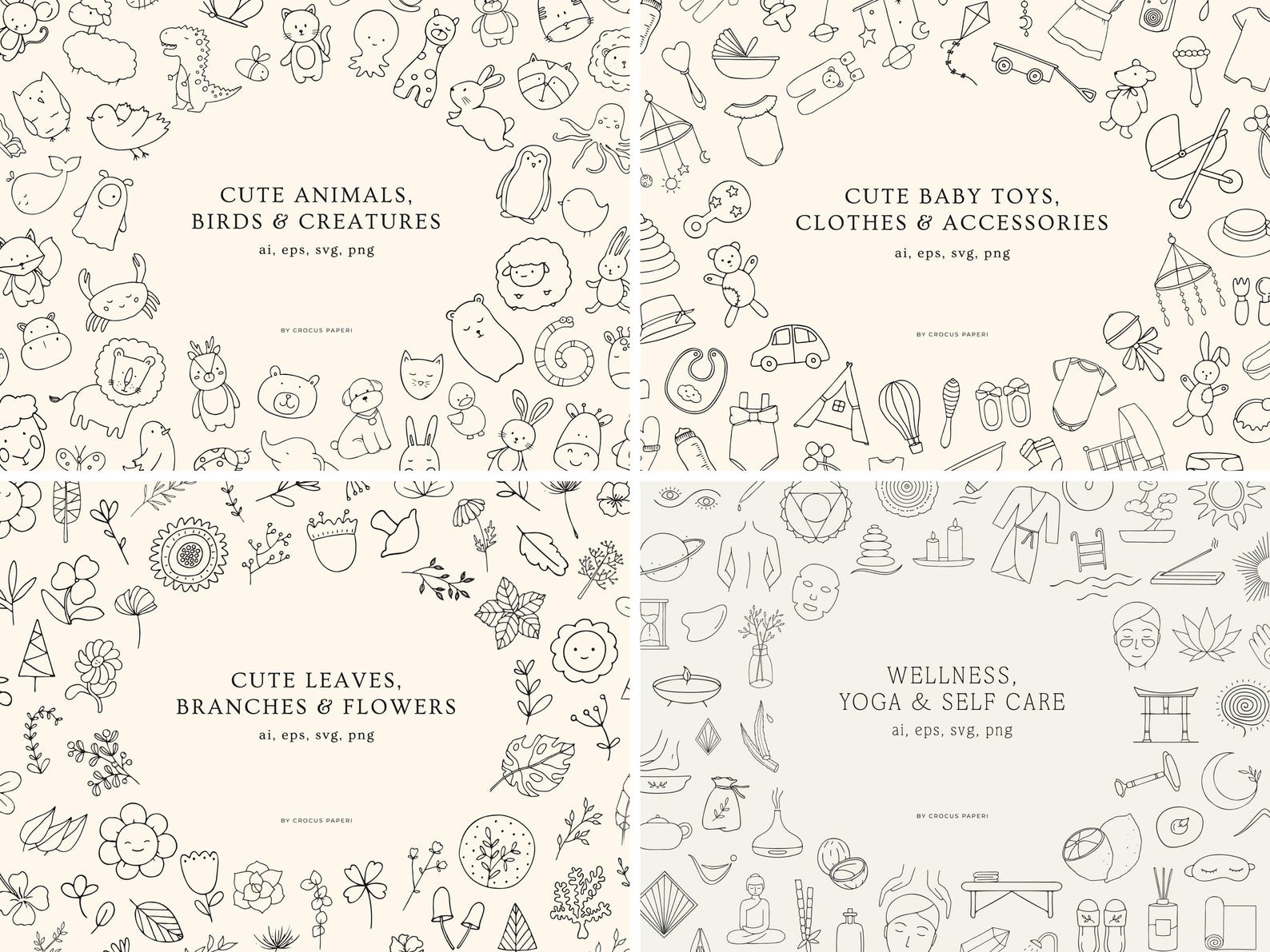 Hand-drawn Line Art Clipart Bundle: Flowers, Wedding, Cafe (SVG, PNG ...