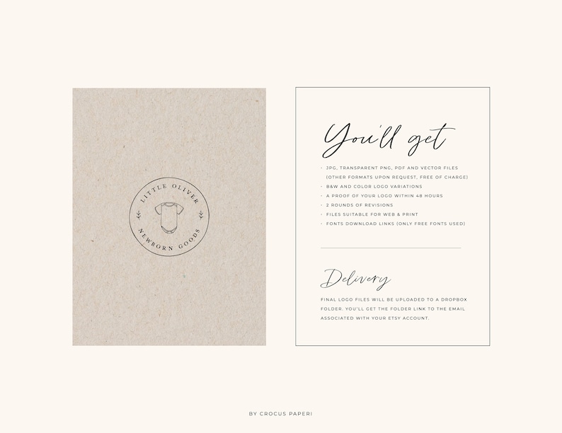 May include: A digital illustration of a logo for a business called "Little Oliver Newborn Goods". The logo features a simple outline of a onesie. The text "You'll get" is listed with a description of the digital files included in the purchase. The text "Delivery" is listed with a description of how the final logo files will be delivered.