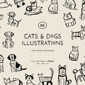 Könnte beinhalten: Eine Sammlung von 84 Schwarz-Weiß-Illustrationen von Katzen und Hunden in verschiedenen Posen. Der Text "CATS & DOGS ILLUSTRATIONS" wird zusammen mit "FOR LOGOS & BRANDING" und "FULLY EDITABLE IN Canva SVG PNG AI" angezeigt.