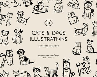Cat & Dog Line Art Illustrations: Pet Breed Doodles (PNG, SVG, Vector)
