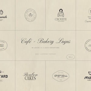 Può includere: Una collezione di loghi per caffè e panetterie in un layout a griglia. I loghi presentano vari design, tra cui testo e illustrazioni. Il testo "Café + Bakery Logos" è ben visibile. L'immagine include anche il testo "18 LOGOS X 2 LOGO VARIATIONS".