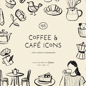 Hand Drawn Coffee Icons Set – 165 Café Clipart, Coffee Shop Illustrations, Logo & Branding Graphics, SVG PNG AI for Cricut, Packaging