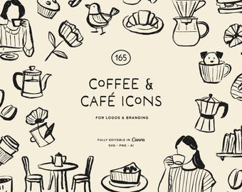 Hand Drawn Coffee Icons Set – 165 Café Clipart, Coffee Shop Illustrations, Logo & Branding Graphics, SVG PNG AI for Cricut, Packaging