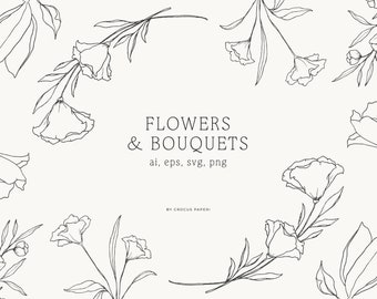 Line Art Blumen Illustrationen: Handgezeichnete Blumen Clipart (PNG, SVG)