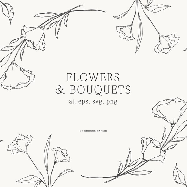 FLORALS | Hand-drawn Line Art Floral Illustrations, Line Art Flowers, Bouquets, Floral Clipart, Png Clipart, Svg Clipart, Vector Clipart