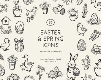 Easter Line Art Illustrations: Spring Doodles Clipart (PNG, SVG)