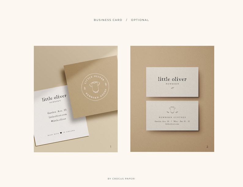 May include: Two business card designs for a company called "little oliver" that specialises in newborn clothes. The first card features a logo with a baby onesie and the text "little oliver newborn goods". The second card features the text "little oliver newborn" and the address "Garden Ave. 23".