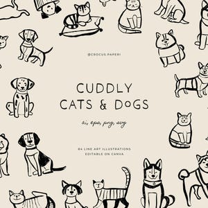 CATS & DOGS | Hand-drawn Line Art Pets Illustrations, Animals Icons, Dog Breeds Doodles, Png Clipart, Svg Clipart, Vector Clipart