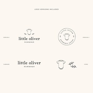 May include: A logo design for a business called "little oliver newborn" featuring a baby onesie, a wreath of leaves, and the text "little oliver newborn". The logo is shown in four different versions, including a circular version with the text "little oliver newborn goods".