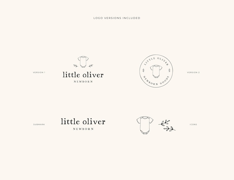 May include: A logo design for a business called "little oliver newborn" featuring a baby onesie, a wreath of leaves, and the text "little oliver newborn". The logo is shown in four different versions, including a circular version with the text "little oliver newborn goods".