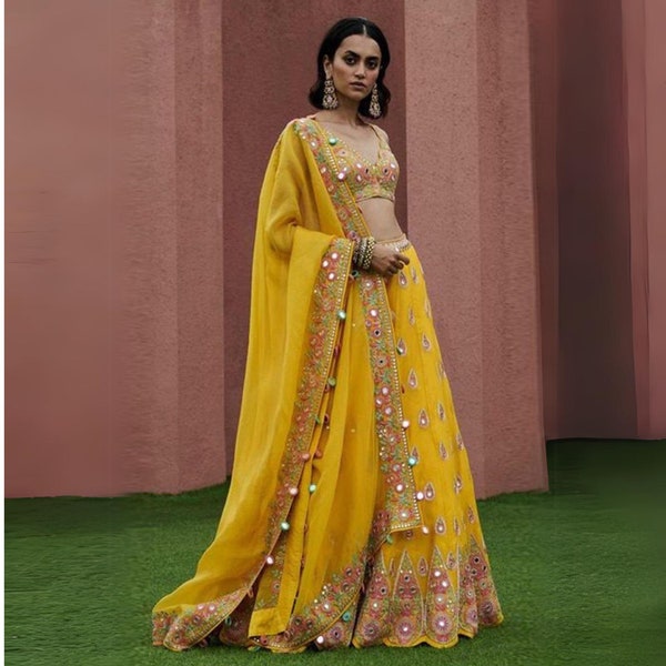 bollywood lehenga choli For Women, Yellow Sabyasachi Bollywood, Handcrafted Designer Ethnic Outfit