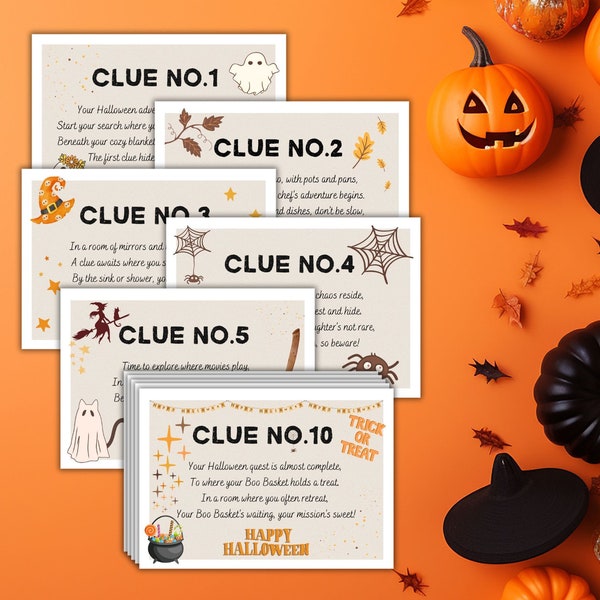 Halloween Boo Basket Scavenger hunt clue cards instant download A6