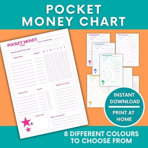May include: Printable pocket money chart with a pink and white color scheme. The chart includes sections for daily chores, weekly chores, and additional chores. It also has a section for tracking savings. The chart is available in 8 different colors.