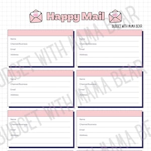 May include: A printable sheet with pink and white boxes for organizing mail. The boxes have fields for name, channel/business, email, and address. The sheet has the text "Happy Mail" and "Budget with Mama Bear" at the top.
