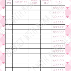 May include: A pink and white planner page with a grid for tracking memberships and subscriptions. The page includes sections for due dates, descriptions, costs, and ratings. The text "MEMBERSHIPS/SUBSCRIPTIONS" is at the top.