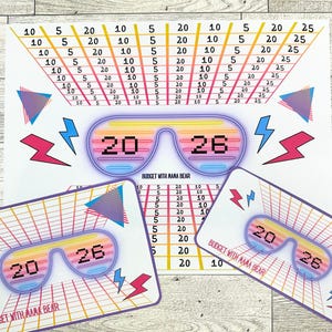 May include: A retro-themed budgeting set featuring a large sheet and two smaller cards. The design includes a grid, sunglasses graphic with the numbers 20 and 26, lightning bolts, and the text "BUDGET WITH AAAA BEAR."