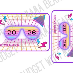 May include: Two cards with a retro design. One card features a pair of neon glasses with the numbers "20" and "26" inside. The text "BUDGET WITH MAMA BEAR" is at the bottom. The other card has a similar design.