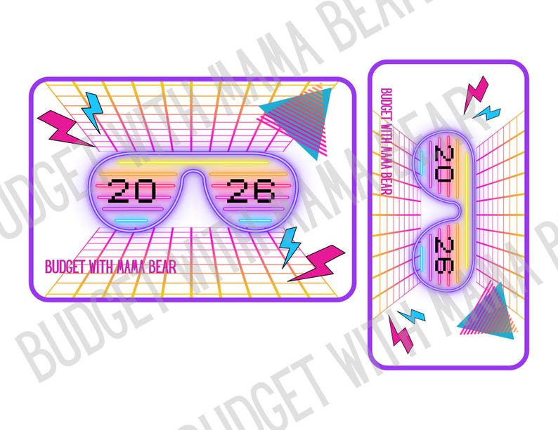 May include: Two cards with a retro design. One card features a pair of neon glasses with the numbers "20" and "26" inside. The text "BUDGET WITH MAMA BEAR" is at the bottom. The other card has a similar design.
