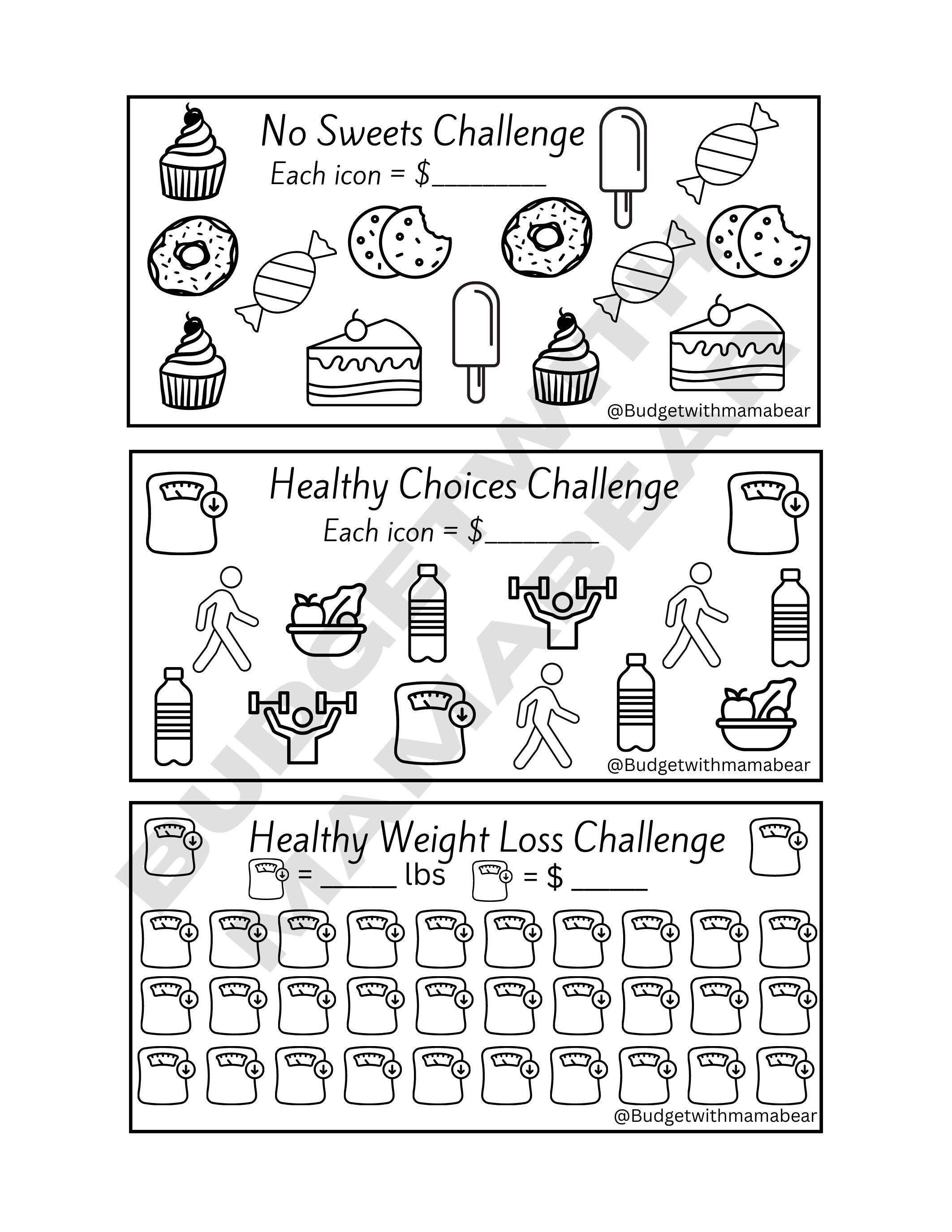 Desafío de ahorro para bajar de peso / Descarga digital / Desafío de ahorro  / Incluye 3 desafíos / Mini ahorro A6 /, image size:2125x2750