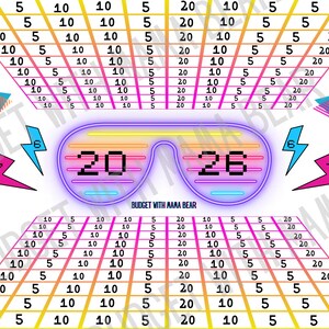 May include: A colorful budget tracker with a retro 80s theme. The design features a pair of neon glasses with the numbers 20 and 26, surrounded by geometric shapes and a grid for tracking expenses. The text "BUDGET WITH MAMA BEAR" is also included.