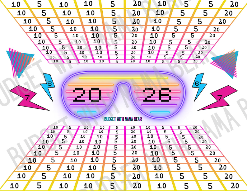 May include: A colorful budget tracker with a retro 80s theme. The design features a pair of neon glasses with the numbers 20 and 26, surrounded by geometric shapes and a grid for tracking expenses. The text "BUDGET WITH MAMA BEAR" is also included.