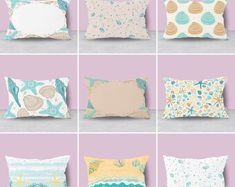 Beach House Pillow Cover|Coastal Lumbar Cushion Case|Rectangle Nautical Home Decor|Seashells on the Seashore Cushiontop|Housewarming Pillow
