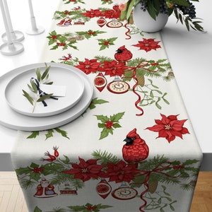 Christmas Table Runner|Winter Themed Table Cover|Green Leaves and Red Berries Home Decor|Xmas Tree with Santa, Bulb Ornaments & Red Cardinal