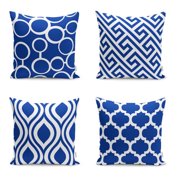 Indigo & White Pillow Cover|Circular and Greek Key Design Cushion Case|Fancy Home Decor|Stylish Window Cage Print Pillowtop|Housewarming Top