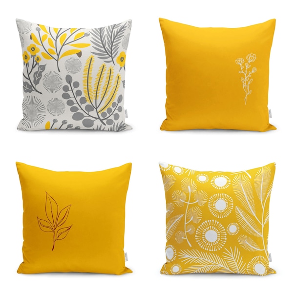 Classy Combo of Yellow & Gray Pillow Cover|Leaves and Berry Flowers Cushion Case|Elegant Home Decor|Modern Pillow Case|Trendy Design Cushion