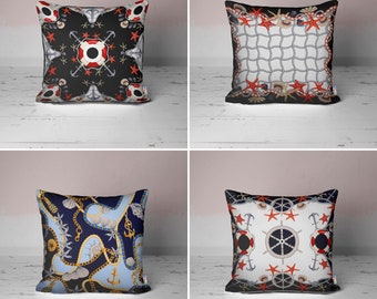 Nautical Pillow Case|Red Starfish & Fish Net Cushion Cover|Navy Marine Theme Top|Steering Wheel, Anchor and Life Ring Decor|Summer Time Gift