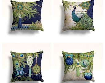 Peacock Concept Pillow Cover|Xmas Ornaments with Peacock Feathers Home Decor|Blue & Green Cushion Case|Winter Trend Pillow|Housewarming Gift