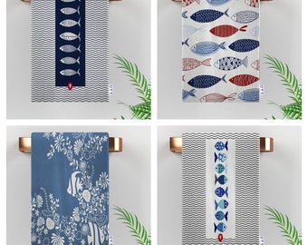 School of Fish-theedoek|Kusthanddoek|Handdoek nautisch thema|Strandhuishanddoek|Floral Clown Fish Kitchen Decor| Cadeau boerderijstijl