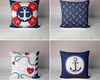 Anchors Covered Pillow Case|Hearts with Lighthouse Cushion Cover|Navy Blue & Red Home Decor|Sailor's Rope Pillowtop|Beach House Style Gift