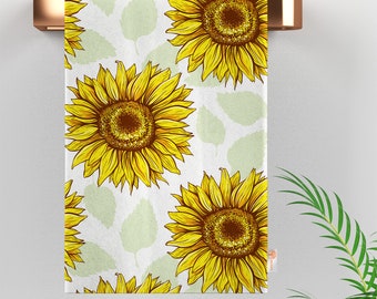 Strofinaccio floreale/Asciugamano marrone, giallo e arancione/Decorazione da cucina con stampa di girasoli/Strofinaccio con girasoli e foglie/Regalo elegante per inaugurazione della casa