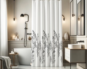 Rideau de douche à motif botanique|Rideau imperméable avec crochets|Rideaux de salle de bain hydrofuges et antitaches|Rideaux de douche en tissu polyester