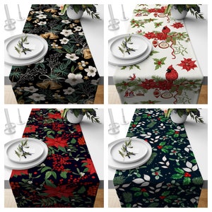 Christmas Table Runner|Winter Themed Table Cover|Green Leaves and Red Berries Home Decor|Xmas Tree with Santa, Bulb Ornaments & Red Cardinal