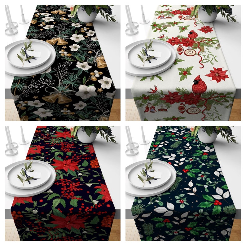 Four different Christmas table runners with various holiday designs. The runners feature red and green poinsettias, holly, bells, and cardinals on a black, white, or dark green background.