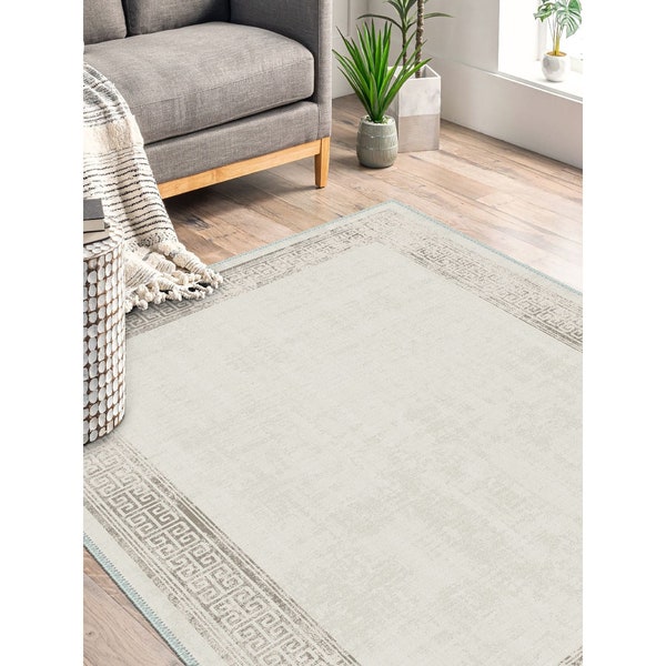 Greek Key Design, Framed Area Carpet|Brown & Beige Color Rug|Modern Machine-Washable Rug|Multi-Purpose Non-Slip Carpet|Simple and Sweet Rug