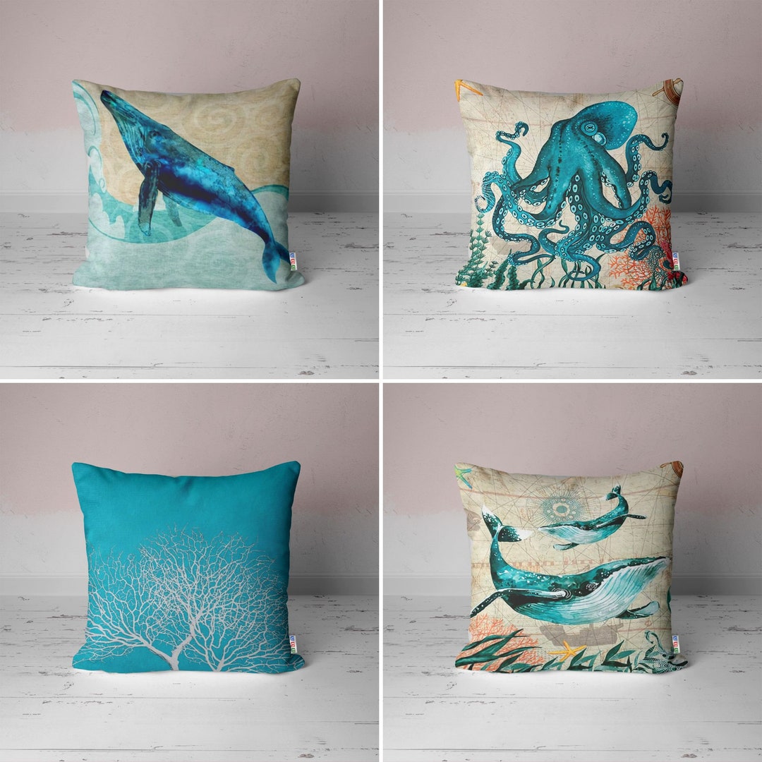 Blue Whale Pillow Casemarine Concept Cushion Coverturquoise Etsy