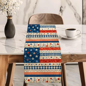 American Flag Pattern Table Runner|Patriotic Floral Design Tablecloth|Fireworks Independence Day Table Decor|Stars and Stripes Tabletop