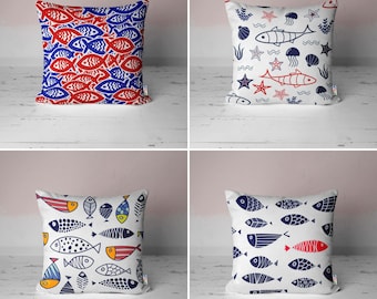 School of Fish Pillow Cover|Hand Sketched Effect Cushion Case|Cute Sea Animals Home Decor|Spotted & Striped Design Fish Pillowtop|Fancy Gift