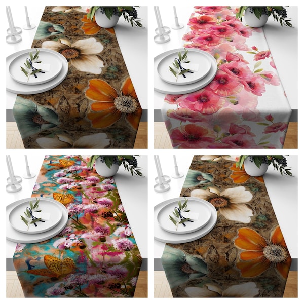 Butterflies & Flowers Covered Table Runner|Spring Time Tablecloth|Classy Home Decor|Housewarming Rectangle Runner|Modern Decorative Tabletop